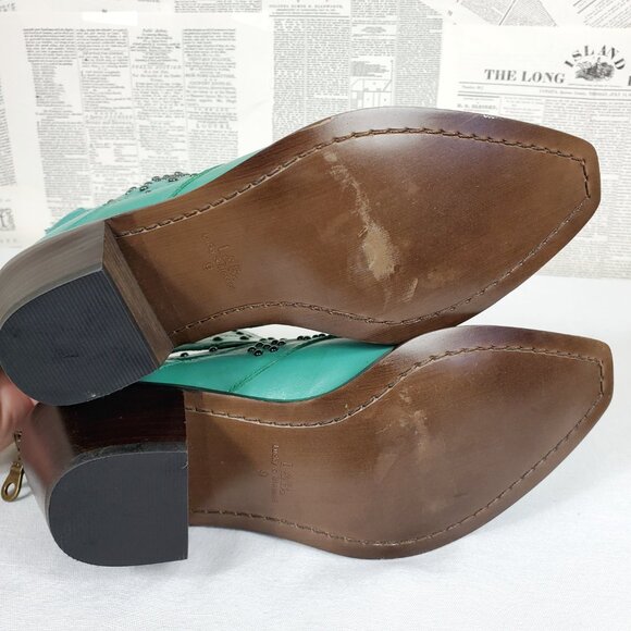 SOLD Lucky & Blessed Turquoise Leather Studded Cutout Western Cowboy Ankle Boots - Picture 12 of 12